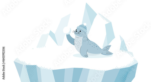 Adorable cartoon seal wearing a winter hat playing with a snowball on an iceberg in a winter scene