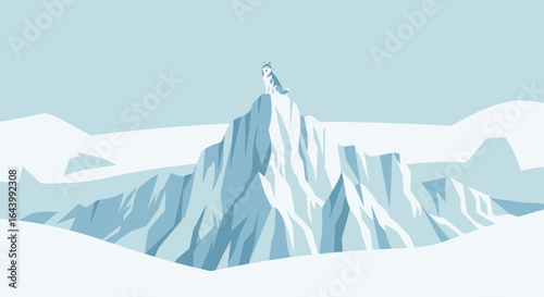 A confident husky surveys its icy kingdom atop a towering snow-capped mountain