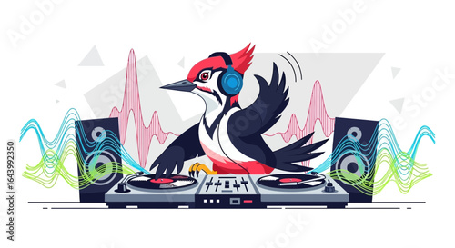 A vibrant illustration featuring a woodpecker DJ with headphones mixing music on turntables and audio speakers