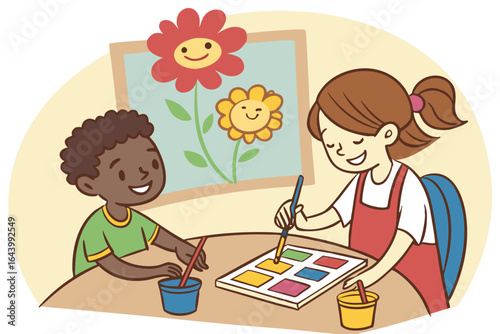 Smiling pupils painting with watercolor at their classroom art table.