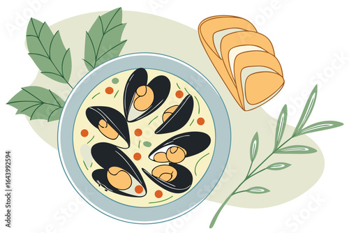 Steamed mussels in white wine sauce with herbs and crusty bread, plated elegantly on a light background, modern flat illustration style.