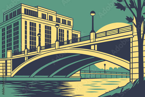 The Lansing Center pedestrian bridge in Michigan glowing over the Grand River during a quiet evening walk, modern flat illustration style.