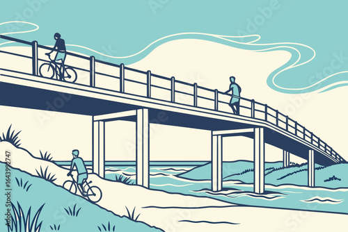 The Ocean to Bay Trail pedestrian bridge in Delaware with beachgoers and bikers enjoying the coastal breeze, modern flat illustration style.