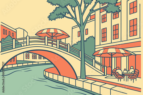 The Riverwalk pedestrian bridge in San Antonio winding above the water near cafes and tree canopies, modern flat illustration style.