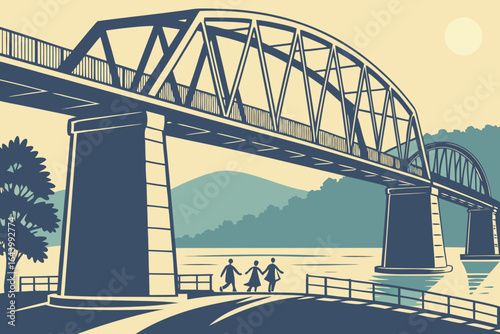 The Walnut Street Bridge in Chattanooga spanning the Tennessee River with pedestrians enjoying evening views, modern flat illustration style.