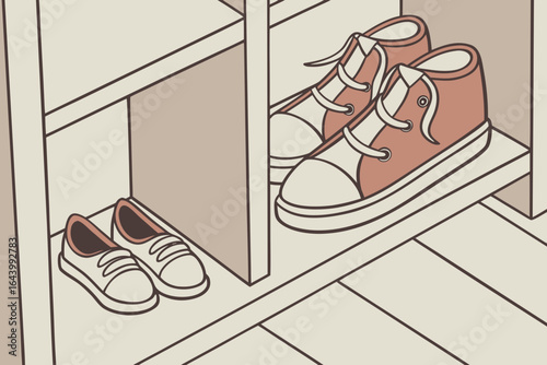 Toddler shoes arranged by size in a vintage cubby shelf, selective focus on the center pair.