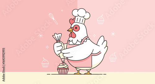 Adorable chicken chef decorating a cupcake with frosting on a pastel background perfect for baking blog or children's book