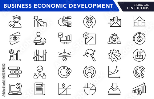Business Economic Development line icon set. Office management, finance, containing business, economic stimulus, trade expansion, sustainable development line icon set. Ui thin line icon pack.