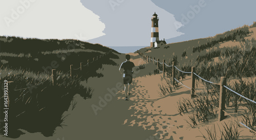 A solitary figure jogs along a sandy coastal path towards a distant lighthouse, a vector illustration of a scenic journey.