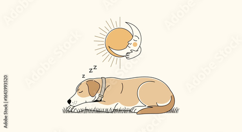 A cozy illustration of a sleeping dog dreaming of the sun and the moon hugging each other