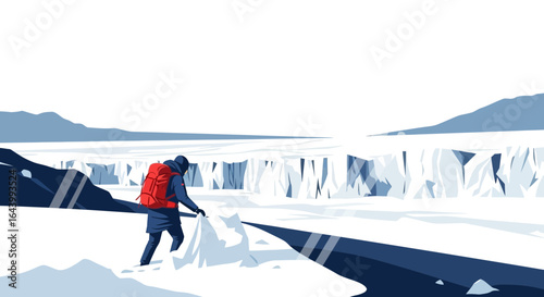 A courageous hiker with a backpack explores the majestic frozen glacier landscape with determination and awe inspiring scenery