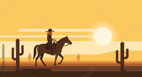 A cowboy silhouette rides his horse through the desert at sunset illustration