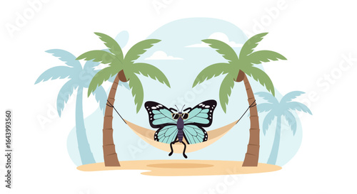 A whimsical butterfly relaxes in a hammock between palm trees on a serene beach illustration