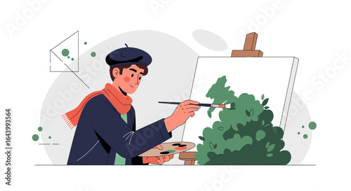 A creative artist crafting nature on canvas painting a green bush outdoor scene on the easel displaying artistic talent and passion