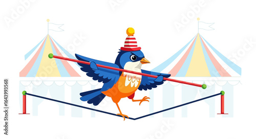 A whimsical cartoon bird balancing on a tightrope against a circus backdrop