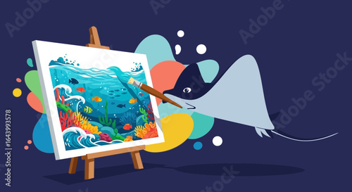 A creative stingray is painting a beautiful underwater scenery with fish and corals on a canvas artistically capturing the marine world