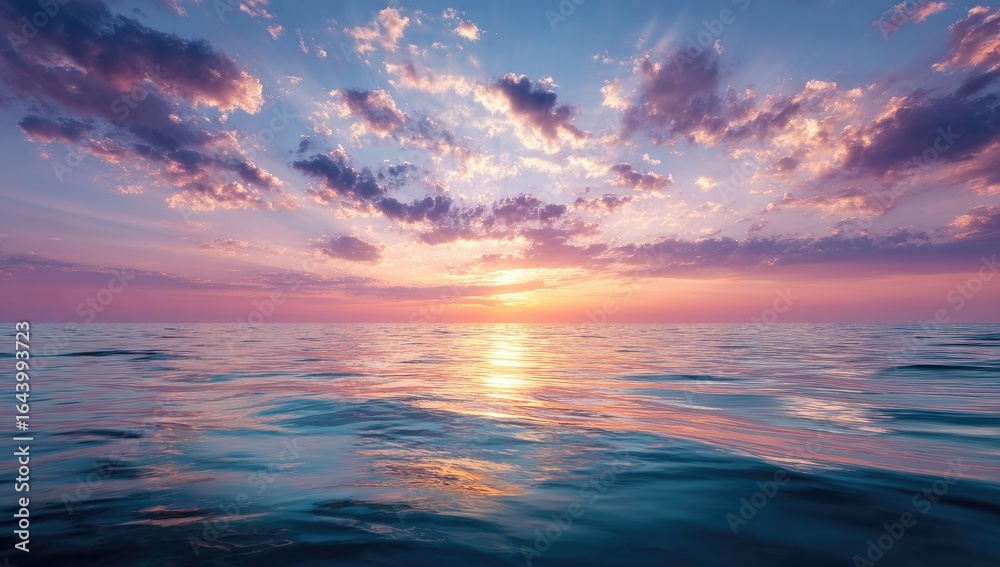 Fototapeta premium Vibrant sunset over a calm ocean, pastel hues painted across the sky and reflected on the water's surface