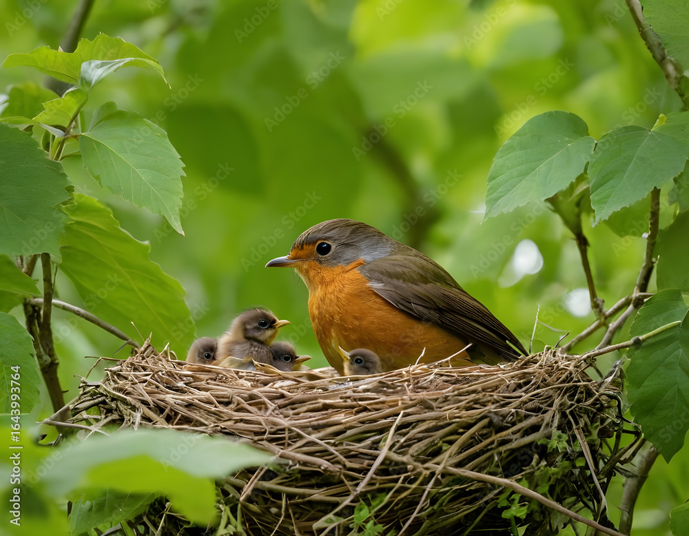 A Mother robin tenderly watches over her chicks in a nest nestled amongst lush green leaves. A Mother robin tenderly watches over her chicks in a nest nestled amongst lush green leaves.