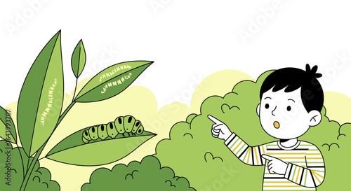 A Curious Discovery Boy Finds Caterpillar on Leaf in Nature Illustration Artwork Style
