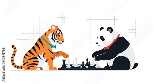 A whimsical chess match illustration featuring a tiger and a panda bear engaged in strategic gameplay