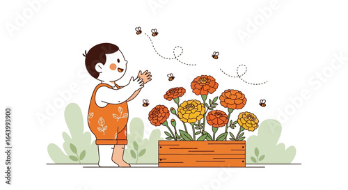 A cute illustration of a child looking at flowers with bees flying around them in vibrant colors expressing joy and innocence