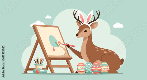 A cute deer with bunny ears paints an easter egg in a whimsical springtime scene with pastels colors