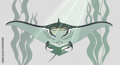 A Cute Manta Ray Cartoon Character Reading a Book Underwater With Seaweed Background and Light