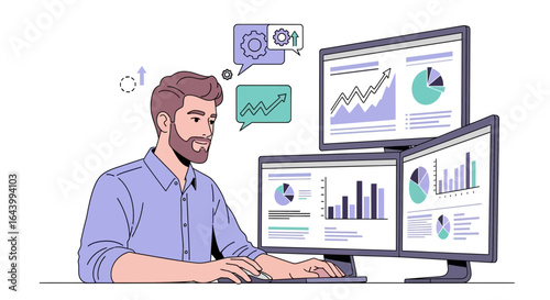 A data analyst skillfully monitoring financial performance metrics on multiple screens in a modern office setting