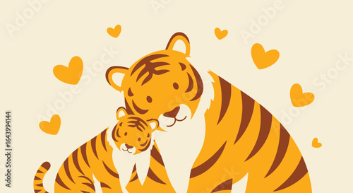 Adorable illustration featuring a tiger mother and her cub surrounded by hearts and love