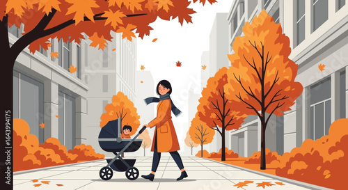 A delightful autumn stroll: Mother and child enjoying the colorful cityscape