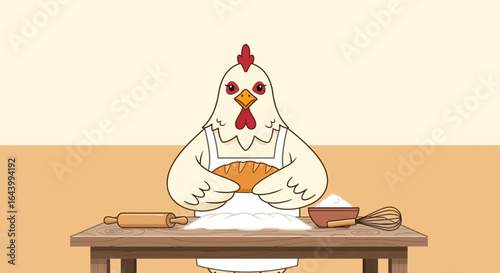 A delightful cartoon chicken in an apron holding bread in its feathered hands while baking