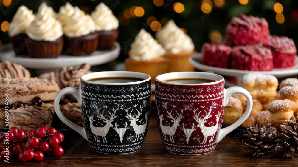 Fototapeta premium Festive Coffee Mugs Surrounded by Assorted Christmas Pastries and Decorations on a Wooden Table