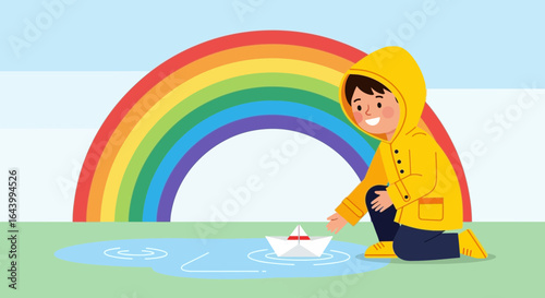 A delightful illustration of a young boy in a yellow raincoat playing with a paper boat, under a vibrant rainbow, conveying childhood joy and weather