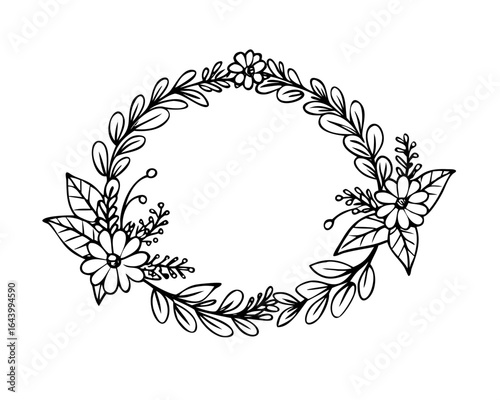 Elegant hand-drawn oval floral wreath, a botanical frame with leaves and flowers. Black and white line art vector illustration for invitation.