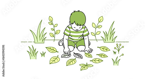 A whimsical illustration of a child playing with fallen leaves in a simple setting creating a sense of childhood innocence and connection with nature