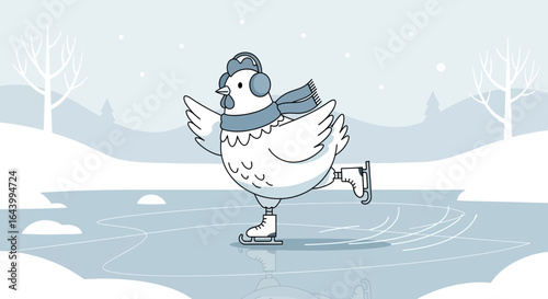 A delightful winter scene of a chicken ice skating on a frozen lake with trees and snow