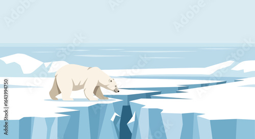 A depiction of a polar bear navigating across fractured ice floes in the Arctic landscape