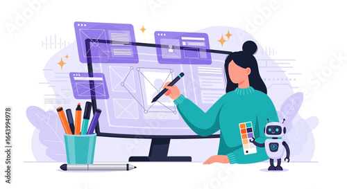 A digital designer creating wireframes and layouts for website interface design on her monitor