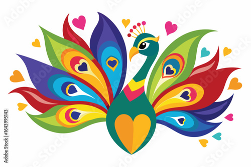 colorful peacock fanning feathers in heart shapes .eps