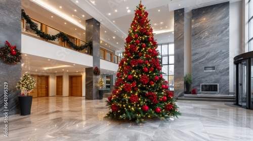 Modern Office Lobby Decorated for the Holidays Featuring a Large Christmas Tree and Festive Elements