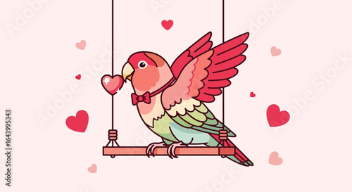 Adorable lovebird on a swing holding a heart, perfect for valentine's day designs or kids illustration themes