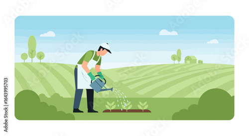 A farmer waters young plants in a field on a sunny day illustration of agriculture and horticulture landscape with a farm