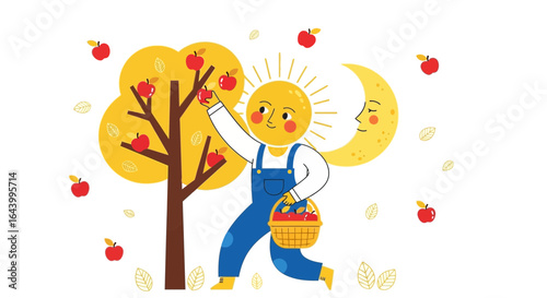 A whimsical illustration of a sun character picking apples from a tree during daytime