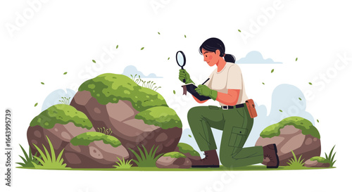 A female botanist studying moss on rocks with a magnifying glass and notepad outdoors nature illustration