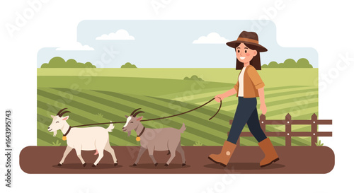 A farmer woman walking two goats with scenic farm landscape background and fence illustration depicts rural lifestyle