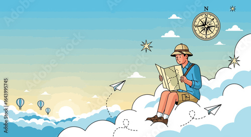 A whimsical illustration of a traveler planning his journey through the skies