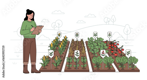 A farmer woman inspecting her garden crops and plants while writing notes on clipboard for growth monitoring