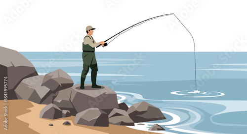 A fisherman in waders stands on rocks casting his fishing rod into the ocean angling hobby illustration vector and cartoon graphic