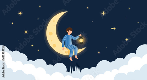 A whimsical journey through dreams: Boy on moon with lantern amidst starry sky