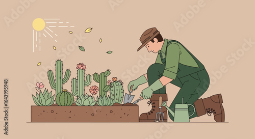 A Focused Gardener Tending to Blooming Cacti in a Tranquil Desert Garden Setting